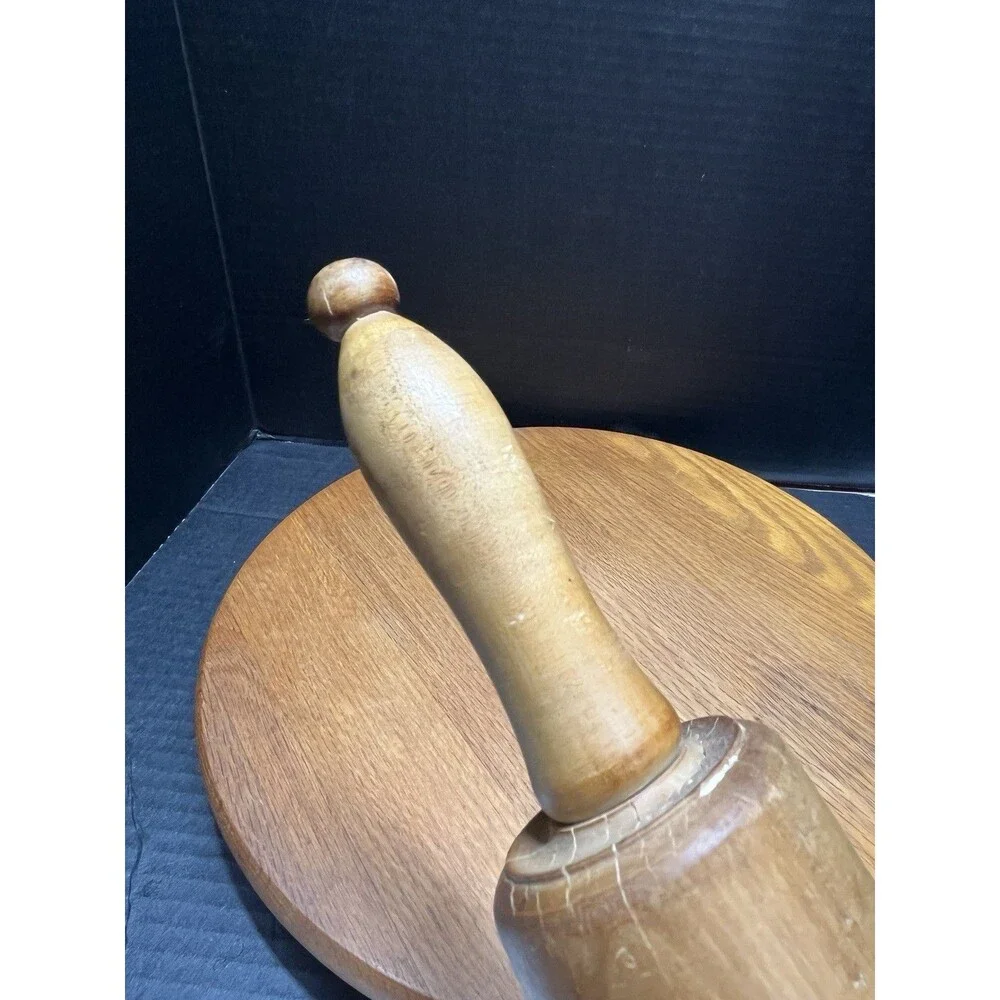 Vintage Wooden Rolling Pin w/ Green Handles Rustic Farmhouse Grandma Chic 17